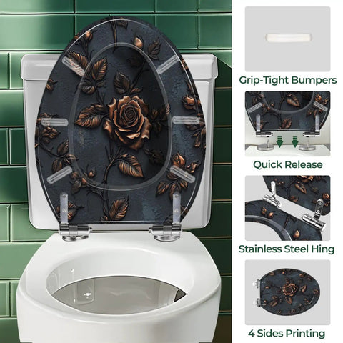 Elongated Resin Toilet Seat for Bathroom with rose design, stainless steel hinges, fits standard toilet sizes.