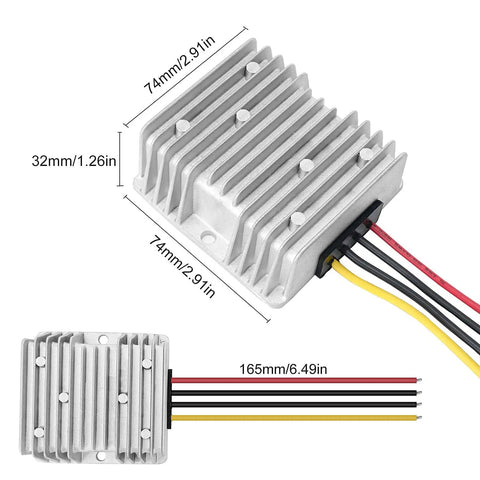 Rugged 12V Buck Converter Regulator Module From 18V To 60V Input Waterproof IP68 240W 20A Output for golf carts side view