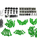 Rugged Fairing Bolts Kit For GSXR600 GSXR750 Sportbike With Green Finish Body Work Screws Washers Nuts Assortment Built To Last No Fuss Install For Wet Conditions Durable Hardware, green fairing bolts set with washers, nuts, and screws