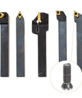 5 cutting tools with carbide inserts alongside a heavy duty Torx screw for CNC machining, showing precision hardware details.