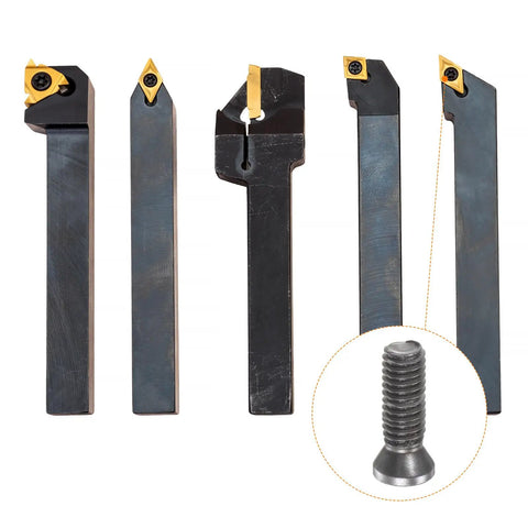 5 cutting tools with carbide inserts alongside a heavy duty Torx screw for CNC machining, showing precision hardware details.
