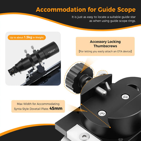 Easy Setup Guide Scope Mount For Finderscope Quick Mount showing locking thumbscrews and max width for dovetail plate
