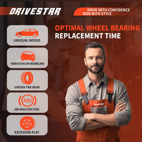 Mechanic in orange overalls next to signs about wheel bearing replacement symptoms, including unusual noises and vibration.