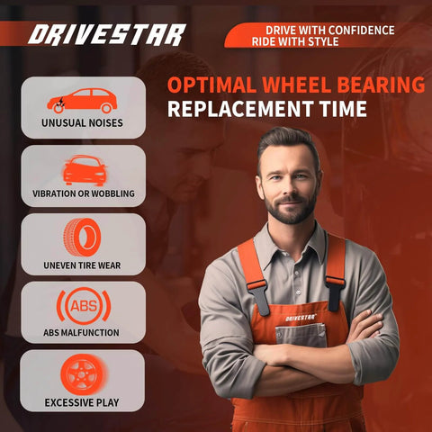 Mechanic with icons for wheel bearing issues like noise and ABS malfunction, optimal replacement time, Driveshaft promo
