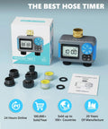 Two Zone Sprinkler Timer With Brass Swivel No Fuss Dual Outlet Rain Delay Manual Mode Easy Setup Auto Watering System display.