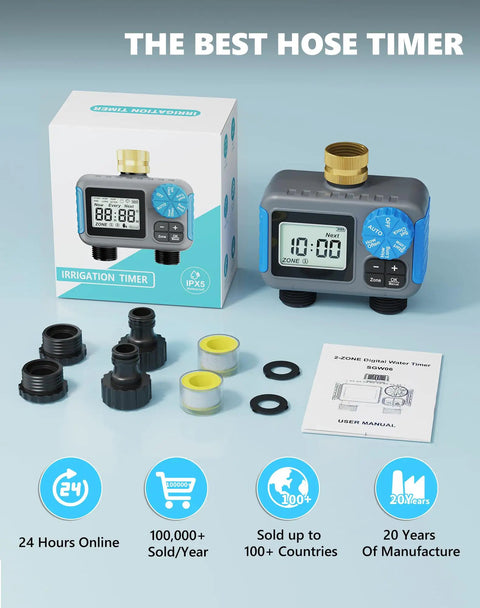 Two Zone Sprinkler Timer With Brass Swivel No Fuss Dual Outlet Rain Delay Manual Mode Easy Setup Auto Watering System display.