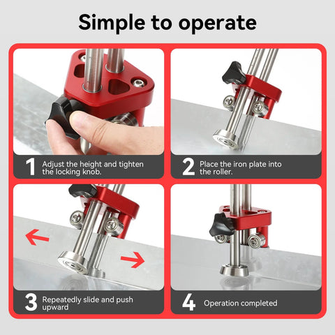 Sheet metal roller 1-station bender; red body with black locking knob and steel guide rods; 4-step diagram.