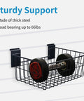 Built Tough Heavy Duty 15 Inch Width Slatwall Hanging Baskets Set Of 5 Steel Wire Storage Bins installed with dumbbell