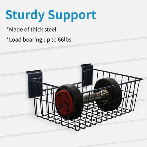 Built Tough Heavy Duty 15 Inch Width Slatwall Hanging Baskets Set Of 5 Steel Wire Storage Bins installed with dumbbell