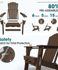 Set Of 2 Folding Adirondack Chairs With Cup Holder HDPE Wood Grain Finish All Weather Outdoor Patio Chairs For Deck Backyard Garden Lawn Brown Built To Last, assembly parts and safety latch details shown
