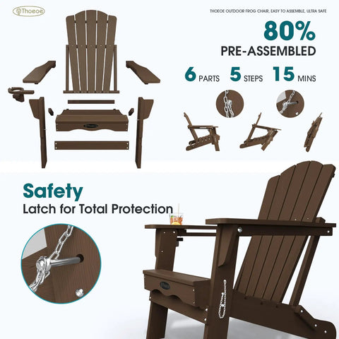 Set Of 2 Folding Adirondack Chairs With Cup Holder HDPE Wood Grain Finish All Weather Outdoor Patio Chairs For Deck Backyard Garden Lawn Brown Built To Last, assembly parts and safety latch details shown