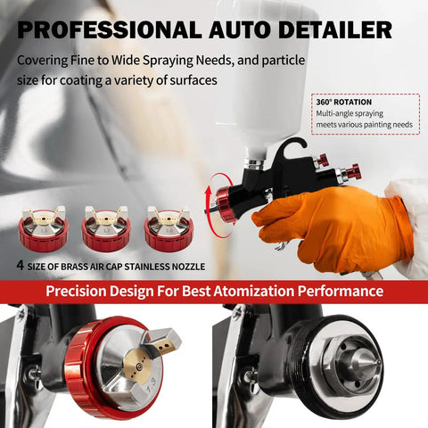 Professional Lvlp Gravity Feed Spray Gun with interchangeable nozzles, showing 1.3, 1.5, and 2.0 mm sizes for versatile painting.