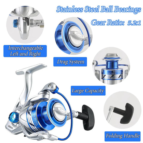 Blue and silver QS3000 reel for Two Piece Telescopic Fishing Rod And Reel Combo Kit 6.9 Foot Carbon Fiber Spinning Rods