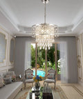 Dope Modern Crystal Raindrop Chandelier 5 Light Chrome Pendant Hanging Light in elegant living room interior with large window view