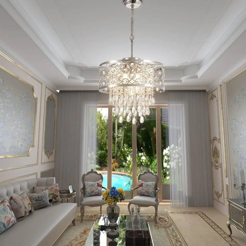 Dope Modern Crystal Raindrop Chandelier 5 Light Chrome Pendant Hanging Light in elegant living room interior with large window view