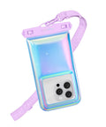 Lavender Holo Waterproof Phone Pouch with Lanyard; IP68 floating case with phone inside, displaying shiny holographic finish.