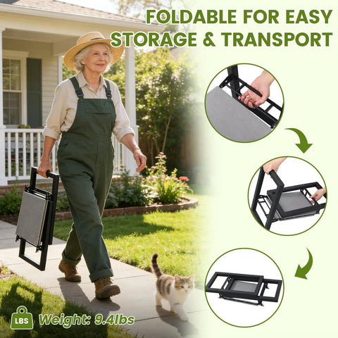 Person carrying Heavy Duty Garden Kneeler And Seat 500 Lb Capacity 2 In 1 Bench, showing foldable design for easy transport