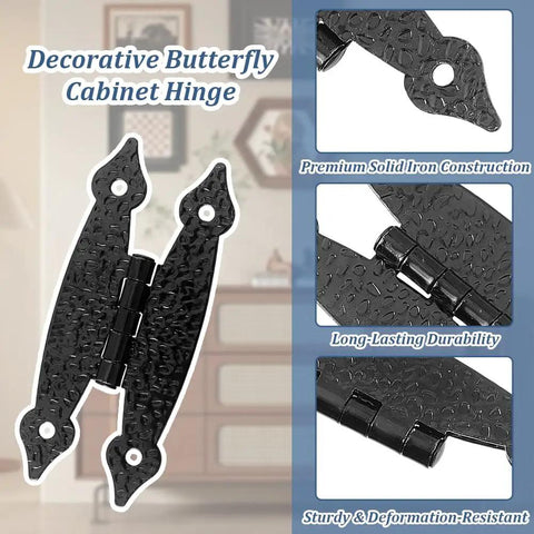 Decorative butterfly cabinet hinge with premium solid iron construction in close-up view.