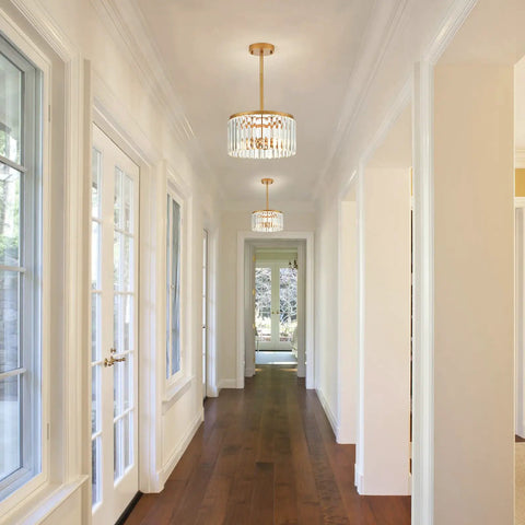 Gold 12 Inch Semi Flush Mount Crystal Ceiling Light Fixture With 38 Crystal Beads For Kitchen Modern Industrial Two Light Chandelier Style For Bedroom Entryway Hallway Living Dining Room Foyer installed in a bright hallway.