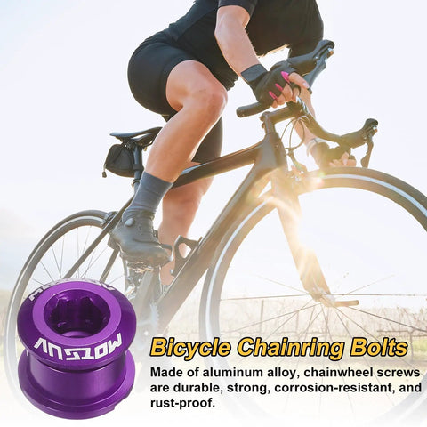 Cyclist on bike with 5 Pack M8 Aluminum Alloy Single Chain Ring Bolts For Bicycle Crankset Nuts And Chainwheel Screws in purple.