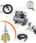 One Fourth Inch NPT 3 Way Air Manifold Kit with Brass Couplers and Connectors shown with compressor and tools for shop use