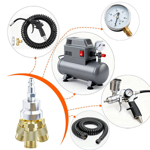 One Fourth Inch NPT 3 Way Air Manifold Kit with Brass Couplers and Connectors shown with compressor and tools for shop use