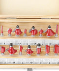 15 Piece One Quarter Inch Shank Router Bits Set With Pro Grade Tungsten Carbide Double Flute Cutters in wooden case