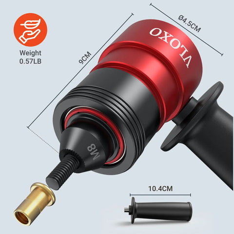 Close-up of Rivet Nut Drill Adapter Kit For Electric Drills with M8 Iron Head, 0.57lb weight, and dimensions shown.