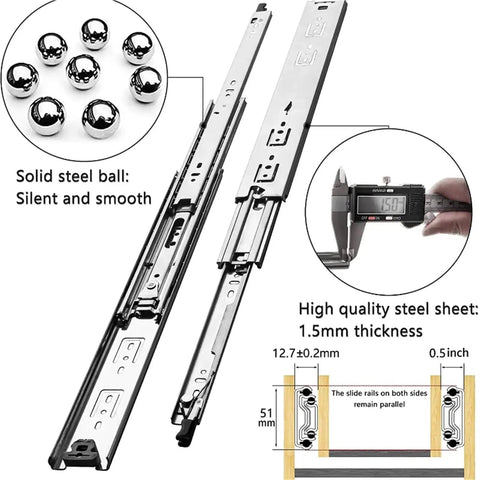 Beefy Heavy Duty Drawer Slides With High Load Capacity For Smooth Quiet Gliding In Kitchen Office Or Workshop Cabinets No Lock 14 Inch Drawer Slides 35cm Long Durable Furniture Hardware shown with steel balls and thickness measurement