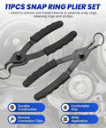 11 Piece Snap Ring Pliers Set with straight and bent retaining ring pliers, shown against automotive backdrop, durable construction.