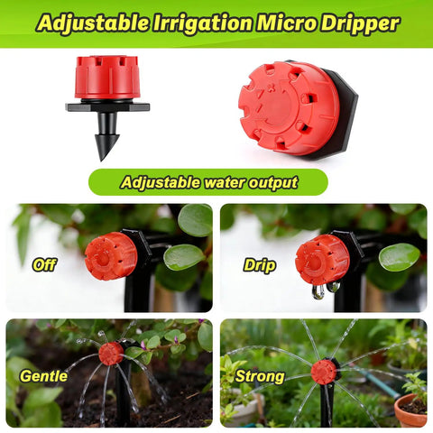 Adjustable irrigation micro dripper settings from off to strong on 230 Piece All In One Quarter Inch Barbed Drip Irrigation Fittings Kit