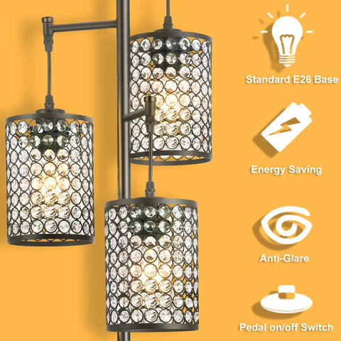 Dope Modern 3 Light Tree Floor Lamp With Crystal Birdcage Shades, Black Pole, showing three crystal shades in detail