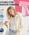 Woman using Stitch Gun For Clothes And Tagging Gun Handheld Portable Grab And Go Quick Clothing Fixer for various fabrics including cotton.