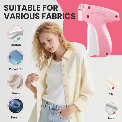 Woman using Stitch Gun For Clothes And Tagging Gun Handheld Portable Grab And Go Quick Clothing Fixer for various fabrics including cotton.