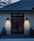 Dusk To Dawn Outdoor Barn Light 20 Inch Dome Exterior Fixture With No Fuss Auto Sensor For Porch Entryway Garage Black Finish Wall Mount Lighting Energy Saving Weather Resistant Classic Farmhouse Style illuminating a porch.