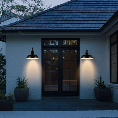 Dusk To Dawn Outdoor Barn Light 20 Inch Dome Exterior Fixture With No Fuss Auto Sensor For Porch Entryway Garage Black Finish Wall Mount Lighting Energy Saving Weather Resistant Classic Farmhouse Style illuminating a porch.