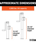 Pipe Mount Swivel Trailer Jack With 2000 LB Lift Capacity And 3000 LB Support 15 Inch Travel Swivels Up And Out Of The Way For Easy Towing Heavy Duty Steel Stand. Approximate dimensions with 15-1/4" retracted height and 30-1/8" extended height.