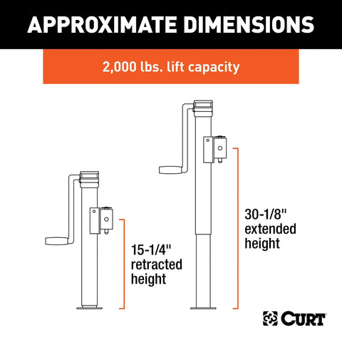 Pipe Mount Swivel Trailer Jack With 2000 LB Lift Capacity And 3000 LB Support 15 Inch Travel Swivels Up And Out Of The Way For Easy Towing Heavy Duty Steel Stand. Approximate dimensions with 15-1/4" retracted height and 30-1/8" extended height.