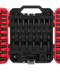 Pro Grade All In One 73 Piece Hex Torx Impact Socket Set with deep shallow sockets in red case shown open, SAE and Metric.