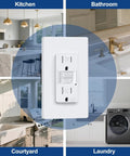 Fifty Pack Built Tough Fifteen Amp GFCI Outlets Featuring Automatic Self Test Mechanism WR Rated in kitchen, bathroom, courtyard, laundry.