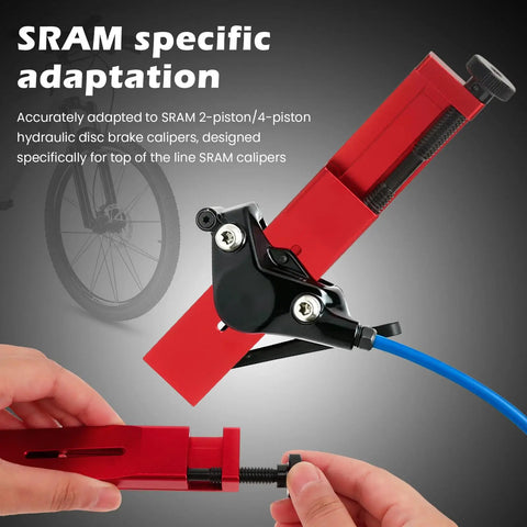 Heavy Duty Brake Tool For Sram Hydraulic Disc Calipers With 1.1 Inch CNC Aluminum Piston Reset Expander Adapter in use on 2-piston caliper.