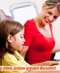 Child wearing Soft Moldable Silicone Earplugs For Kids Size on airplane, sitting with woman, 200 Pair Dispenser for Travel Use.