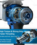 Close-up of Heavy Duty 21V Brushless Wire Tugger highlighting high torque, strong grip mechanism for efficient wire pulling.