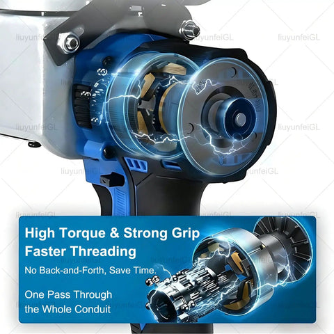 Close-up of Heavy Duty 21V Brushless Wire Tugger highlighting high torque, strong grip mechanism for efficient wire pulling.
