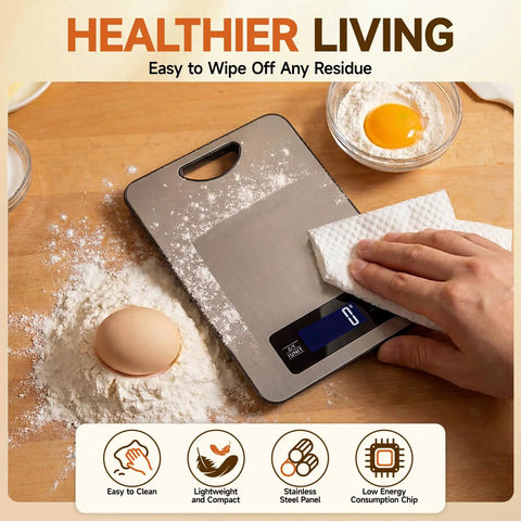 Digital Kitchen Scale With Lab Grade Precision, 11 Lb Capacity Stainless Steel Food Scale being wiped clean on wooden surface