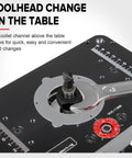 Shop Ready Precision Router Lift Base With Smooth Height Adjust Insert Plate For Woodworking Tables Micro Tuned Down To 1/64 Inch Dead Nuts Stable Pro Grade Hardware toolhead change view with wrench and collet channel.