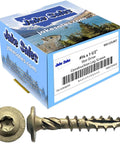 Heavy Duty Exterior Construction Lag Screws One And A Half Inch Torx Star Drive With Truss Washer Head Heat Treated Steel Triple Coated For ACQ Lumber Less Torque Maximum Holding Power Far Superior To Common Lag Screws 100 Screw Count in packaging, front view.