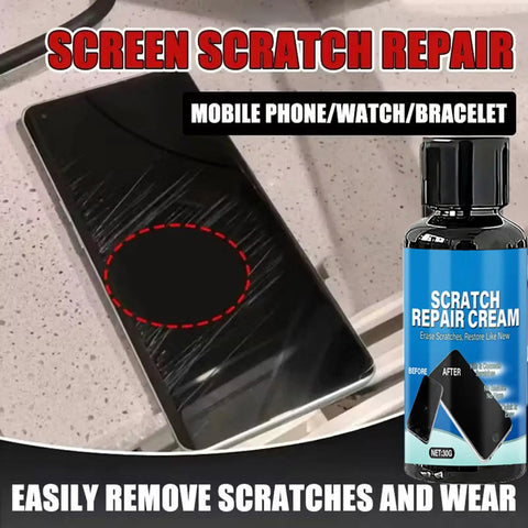 Scratch Remover Compound For Smartphone Screens With Quick Fix Technology Erases Scratches On The Go, product bottle and smartphone with scratches