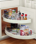 Top Shelf Lazy Susan Corner Cabinet Bins 8 Pack Clear Heavy Duty Plastic Wedge Storage Trays With Rugged Handles Bpa Free Kitchen Pantry Organizer For Spices And Fresh Groceries in use with various condiments and snacks.