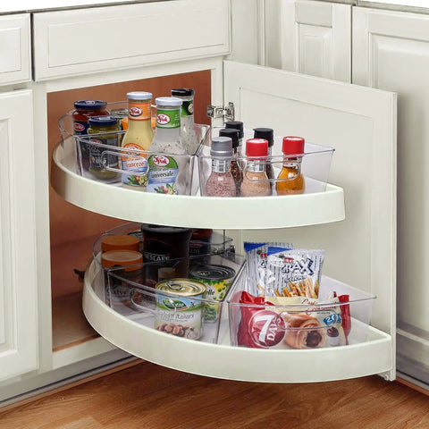 Top Shelf Lazy Susan Corner Cabinet Bins 8 Pack Clear Heavy Duty Plastic Wedge Storage Trays With Rugged Handles Bpa Free Kitchen Pantry Organizer For Spices And Fresh Groceries in use with various condiments and snacks.